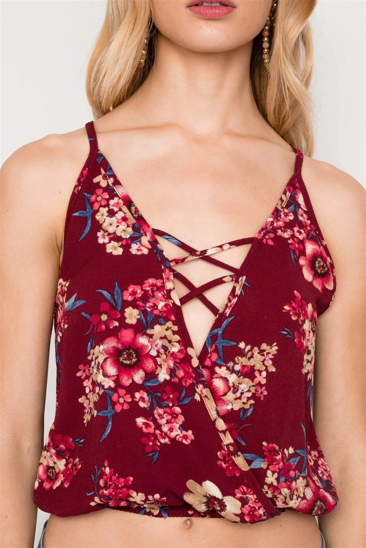 Burgundy Surplice Strappy Neck Cami Boho Crop Top /2-2-2 - Tasha Apparel Wholesale