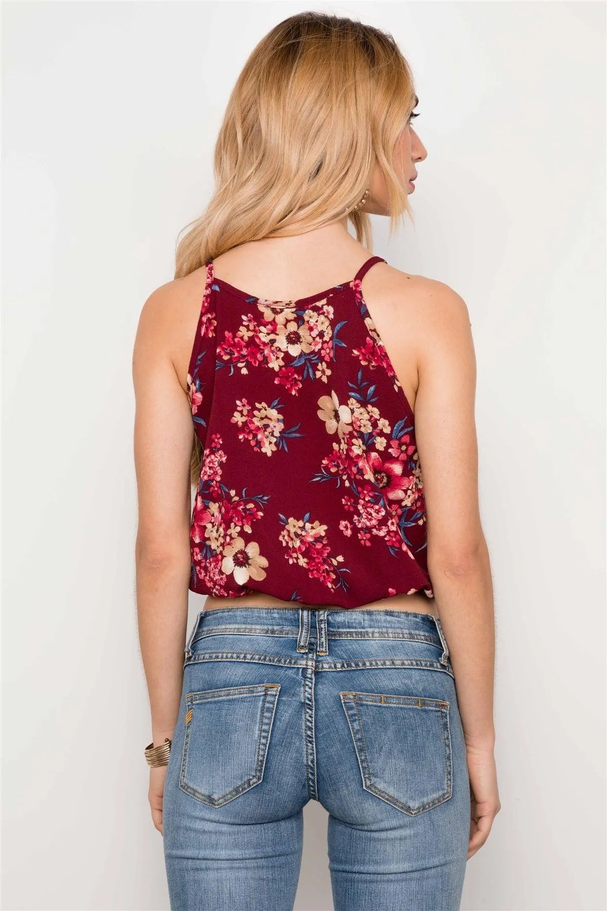 Burgundy Surplice Strappy Neck Cami Boho Crop Top /2-2-2 - Tasha Apparel Wholesale