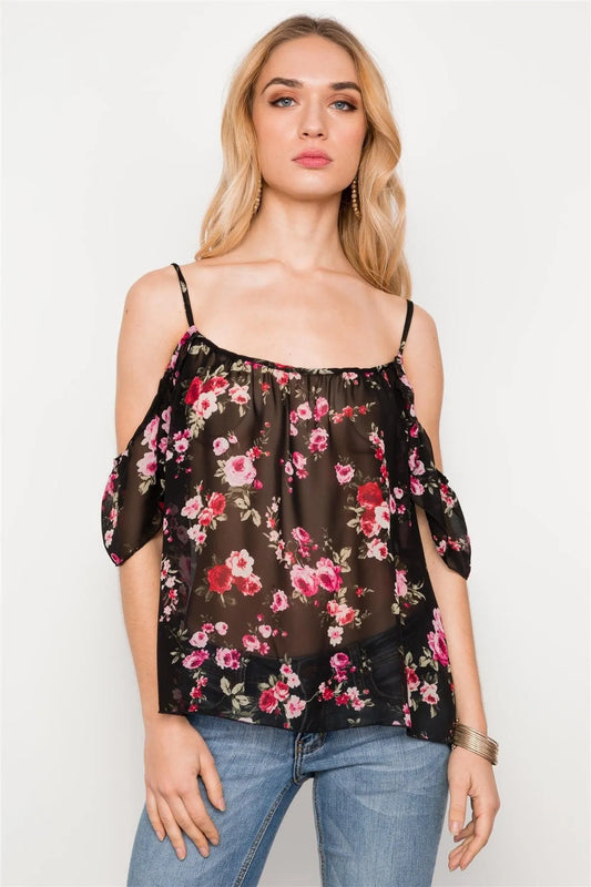 Black Floral Print Sheer Chiffon Cami Boho Top /2-2-2 - Tasha Apparel Wholesale
