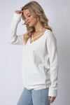 Off-White Flannel Textured Crisscross Strap Detail V-Neck Top /2-3 - Tasha Apparel Wholesale