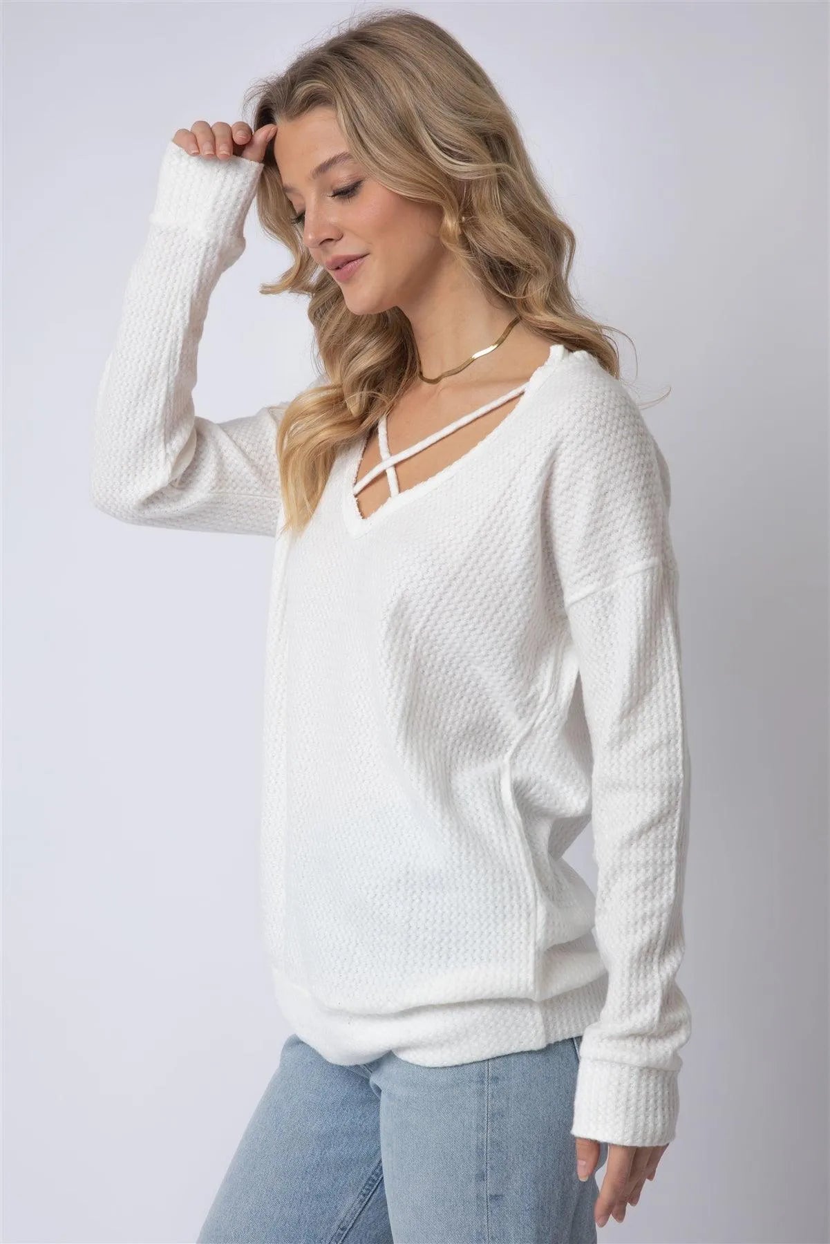 Off-White Flannel Textured Crisscross Strap Detail V-Neck Top /2-3 - Tasha Apparel Wholesale