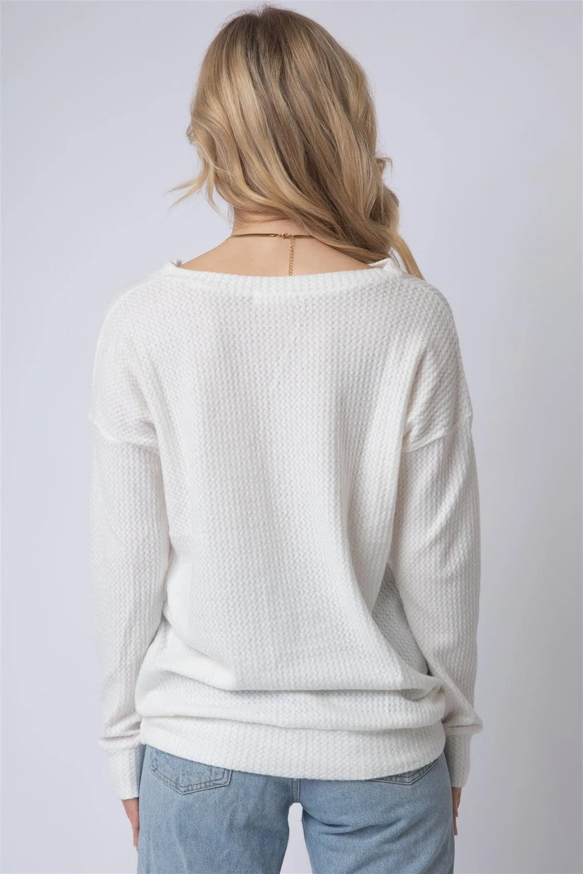 Off-White Flannel Textured Crisscross Strap Detail V-Neck Top /2-3 - Tasha Apparel Wholesale