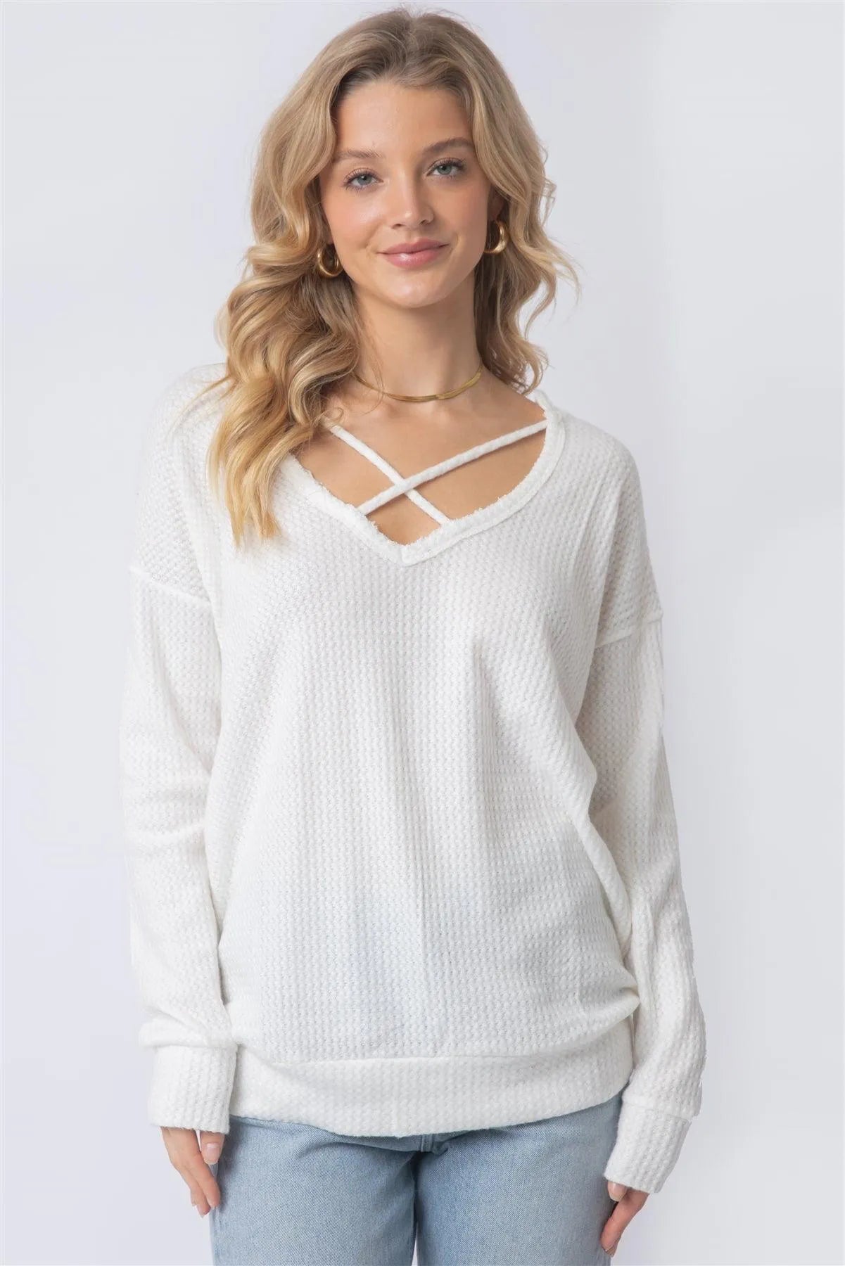 Off-White Flannel Textured Crisscross Strap Detail V-Neck Top /2-3 - Tasha Apparel Wholesale