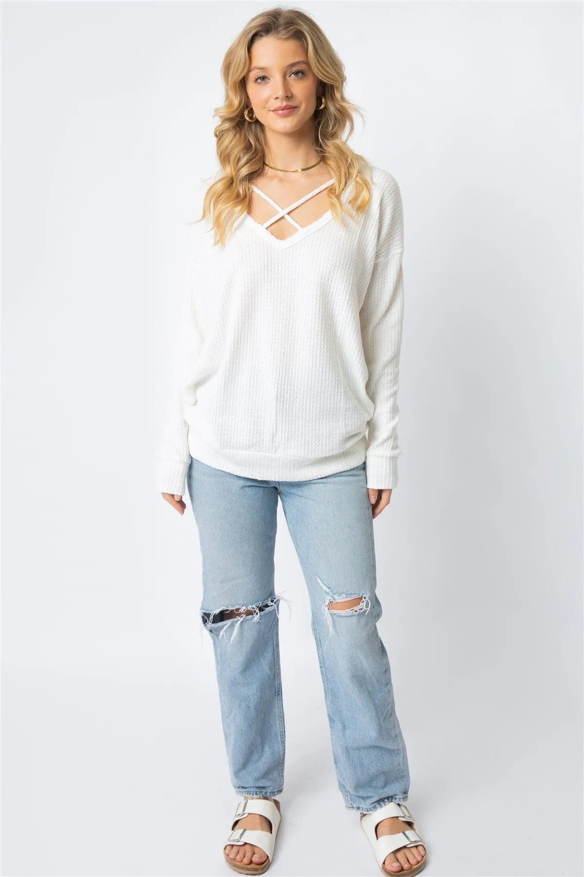 Off-White Flannel Textured Crisscross Strap Detail V-Neck Top /2-3 - Tasha Apparel Wholesale