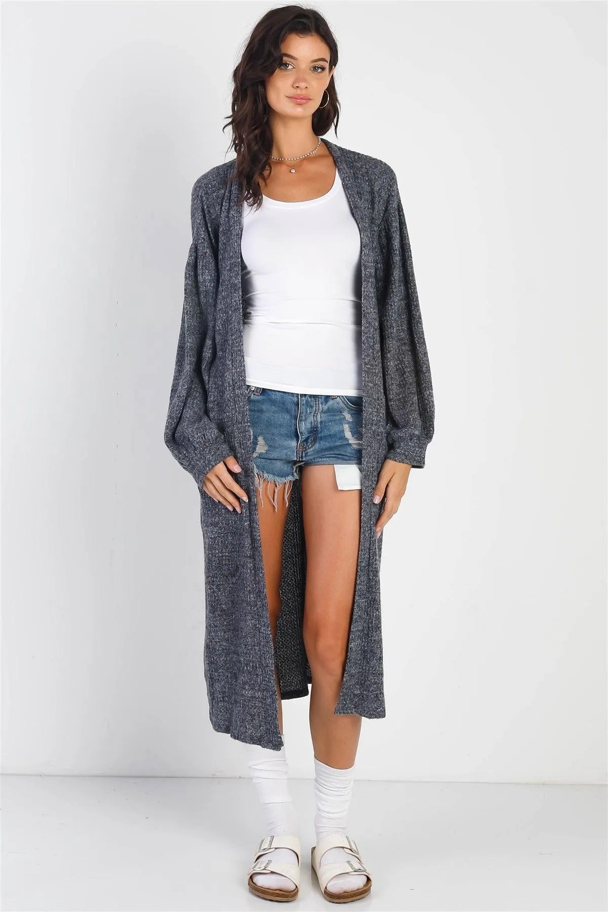 Charcoal Knit Open Front Two Pocket Long Sleeve Cardigan /1-1-1 - Tasha Apparel Wholesale