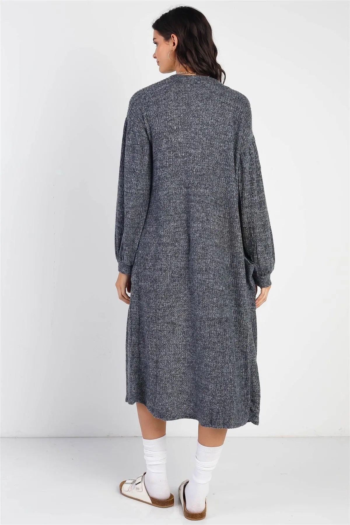 Charcoal Knit Open Front Two Pocket Long Sleeve Cardigan /1-1-1 - Tasha Apparel Wholesale