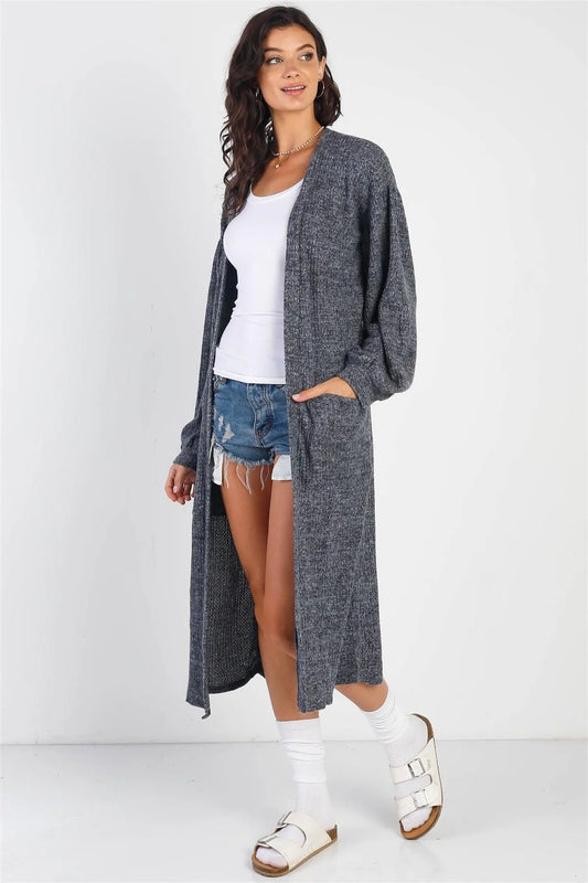 Charcoal Knit Open Front Two Pocket Long Sleeve Cardigan /2-2 - Tasha Apparel Wholesale