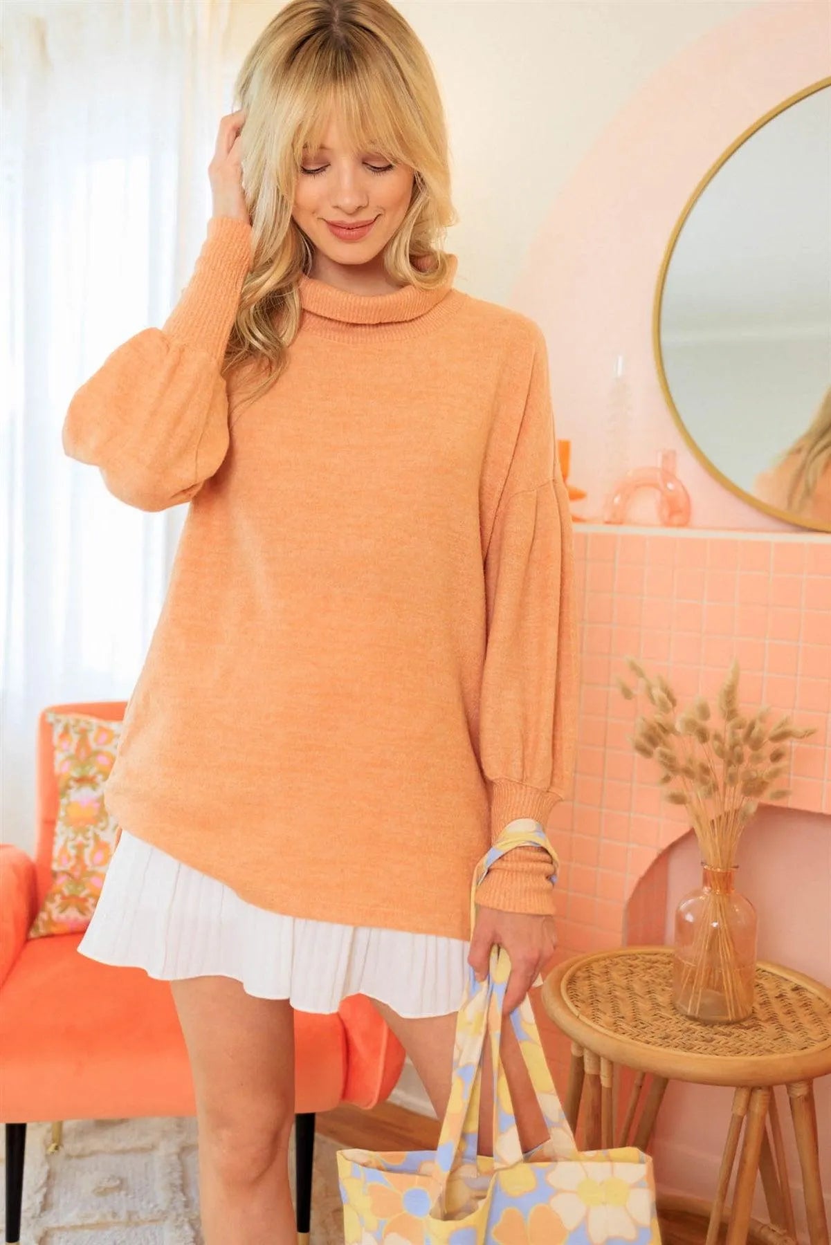 Sherbet Flannel Turtle Neck Juliette Sleeve Top /1-1-1 - Tasha Apparel Wholesale