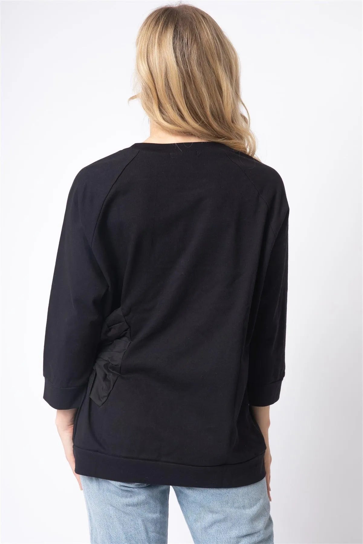 Black Cotton Side Bow Detail Long Sleeve Top /1-1-1 - Tasha Apparel Wholesale