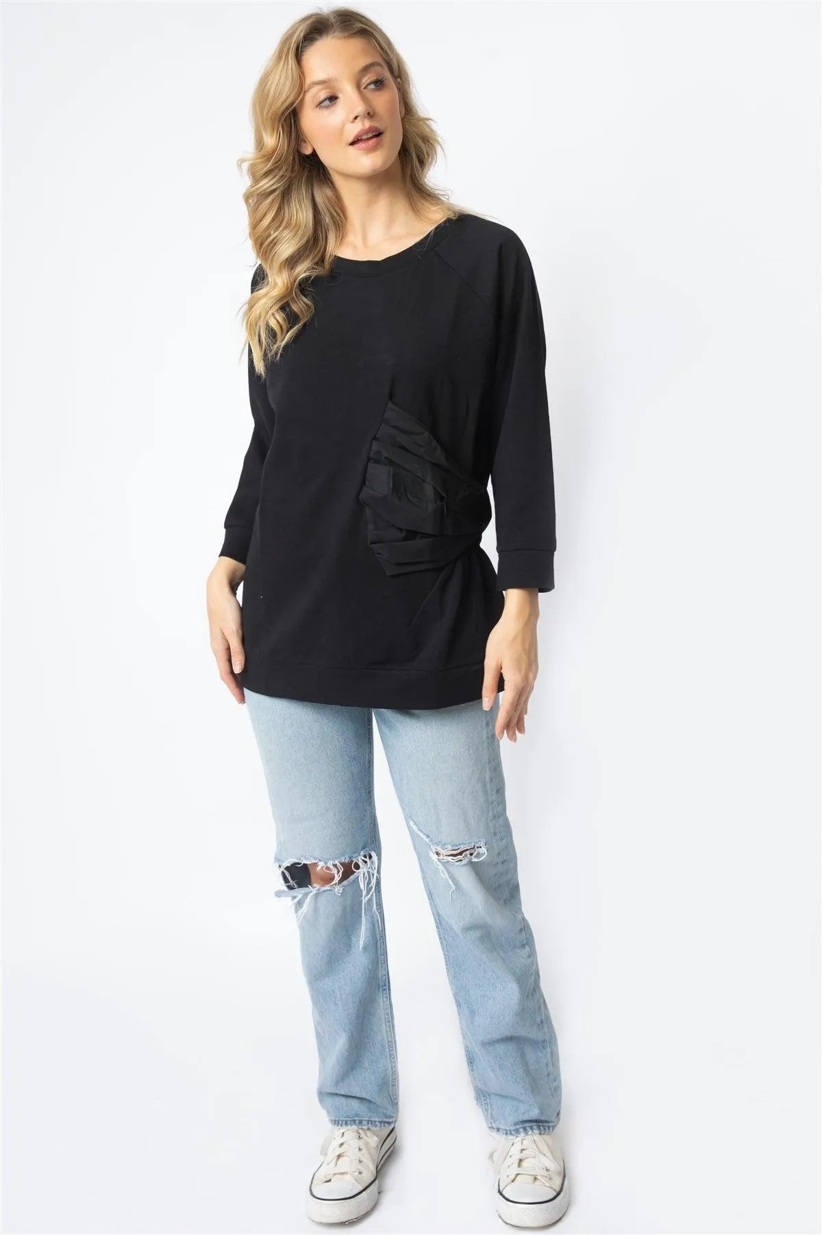 Black Cotton Side Bow Detail Long Sleeve Top /1-1-1 - Tasha Apparel Wholesale