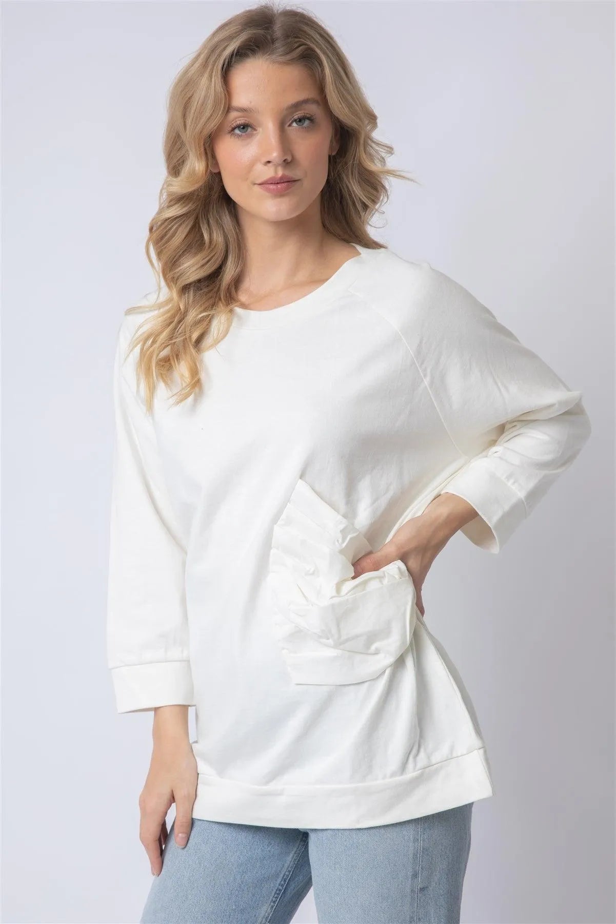 Ivory Cotton Side Bow Detail Long Sleeve Top /1-1-1 - Tasha Apparel Wholesale