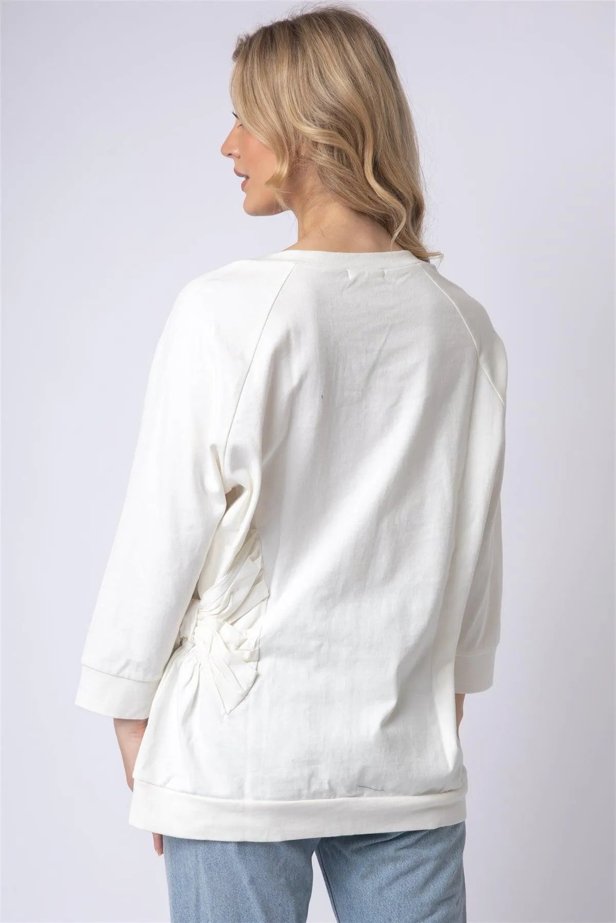 Ivory Cotton Side Bow Detail Long Sleeve Top /1-1-1 - Tasha Apparel Wholesale