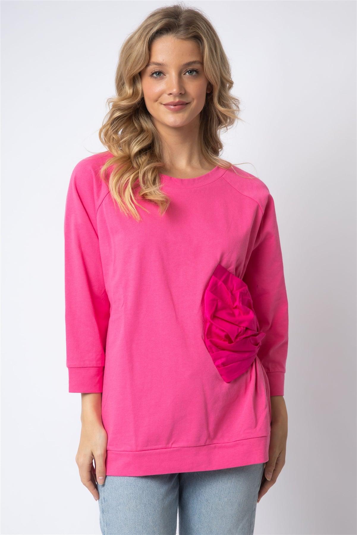 Pink Cotton Side Bow Detail Midi Sleeve Top /1-1-1