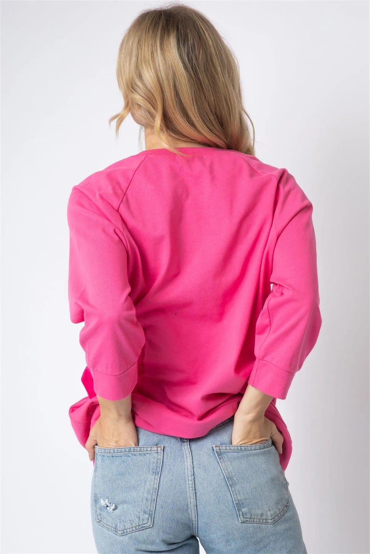 Pink Cotton Side Bow Detail Long Sleeve Top /1-1-1 - Tasha Apparel Wholesale