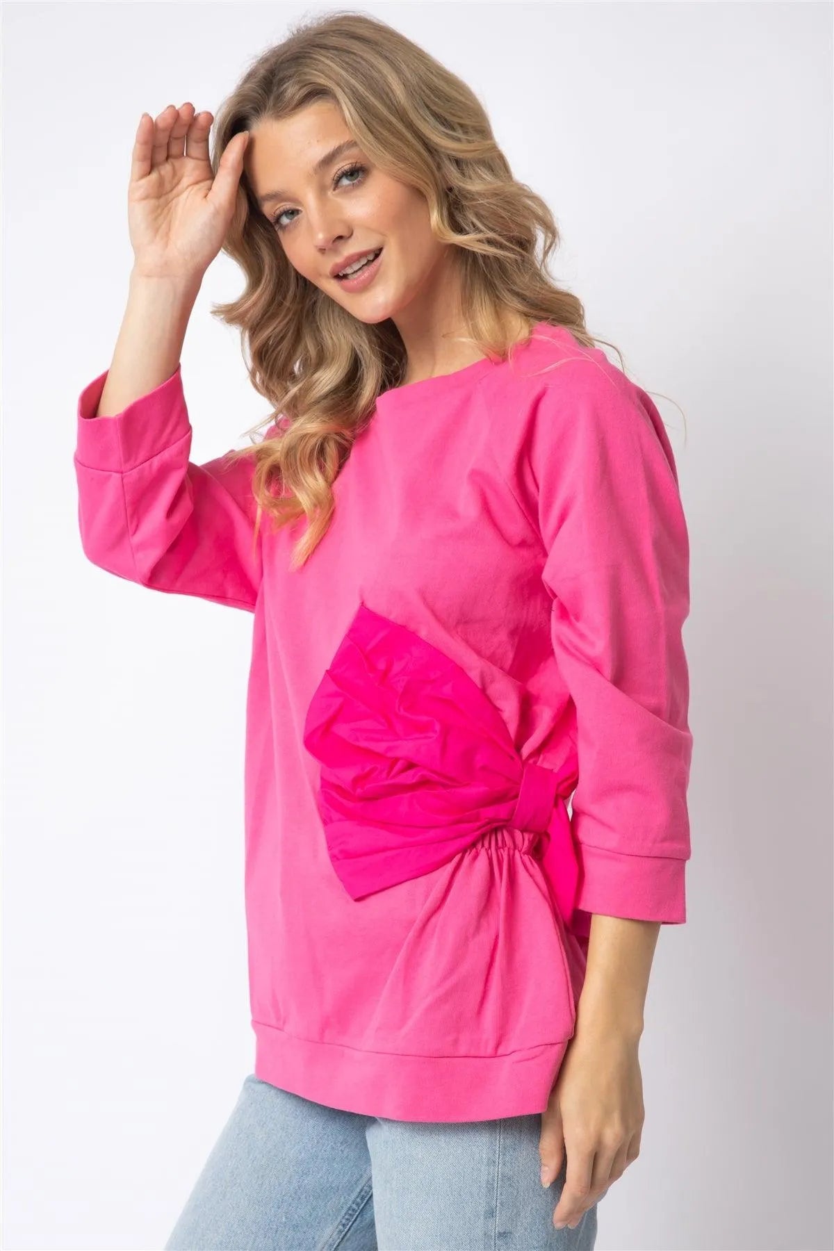 Pink Cotton Side Bow Detail Long Sleeve Top /1-1-1 - Tasha Apparel Wholesale
