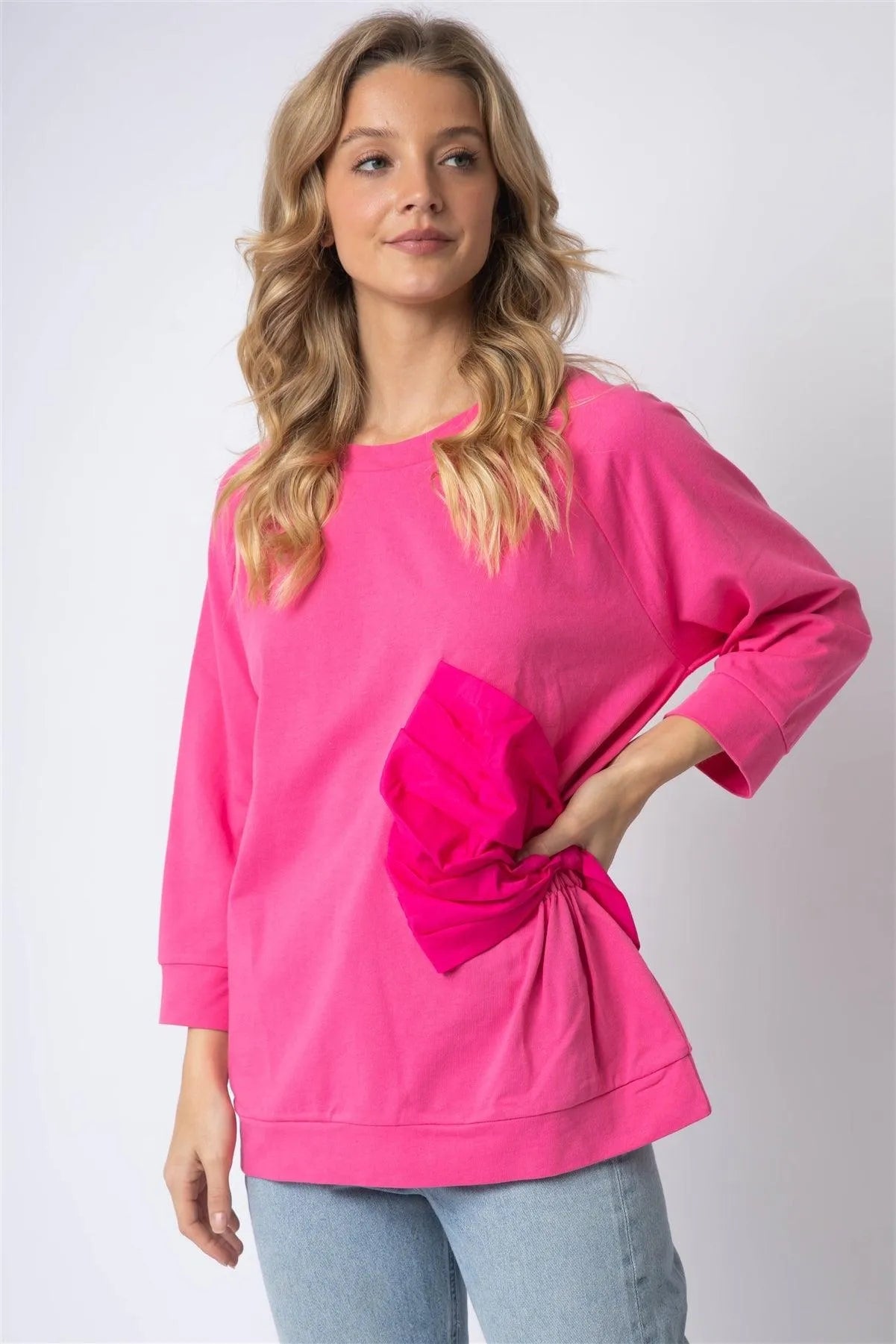 Pink Cotton Side Bow Detail Long Sleeve Top /1-1-1 - Tasha Apparel Wholesale