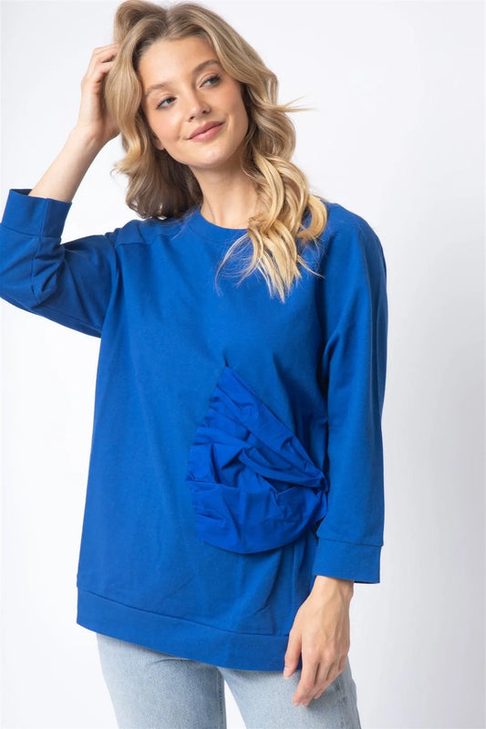 Royal Blue Cotton Side Bow Detail Long Sleeve Top /1-1-1 - Tasha Apparel Wholesale