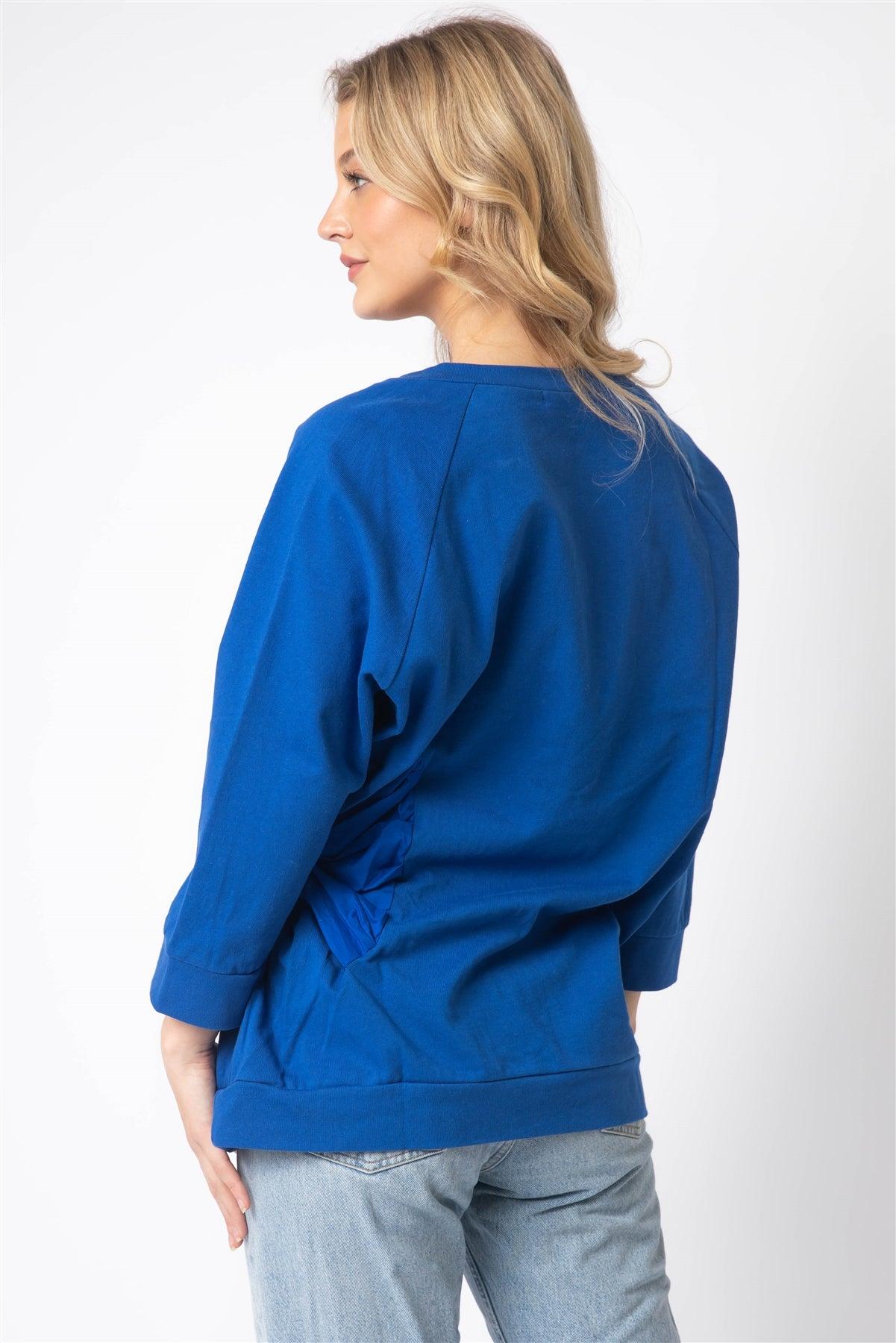 Royal Blue Cotton Side Bow Detail Long Sleeve Top /1-1-1
