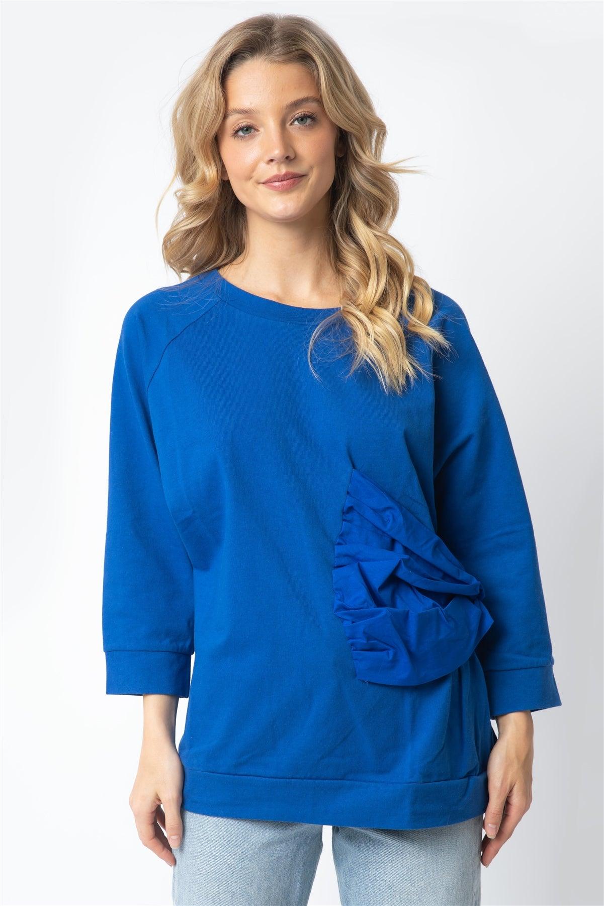 Royal Blue Cotton Side Bow Detail Long Sleeve Top /1-1-1