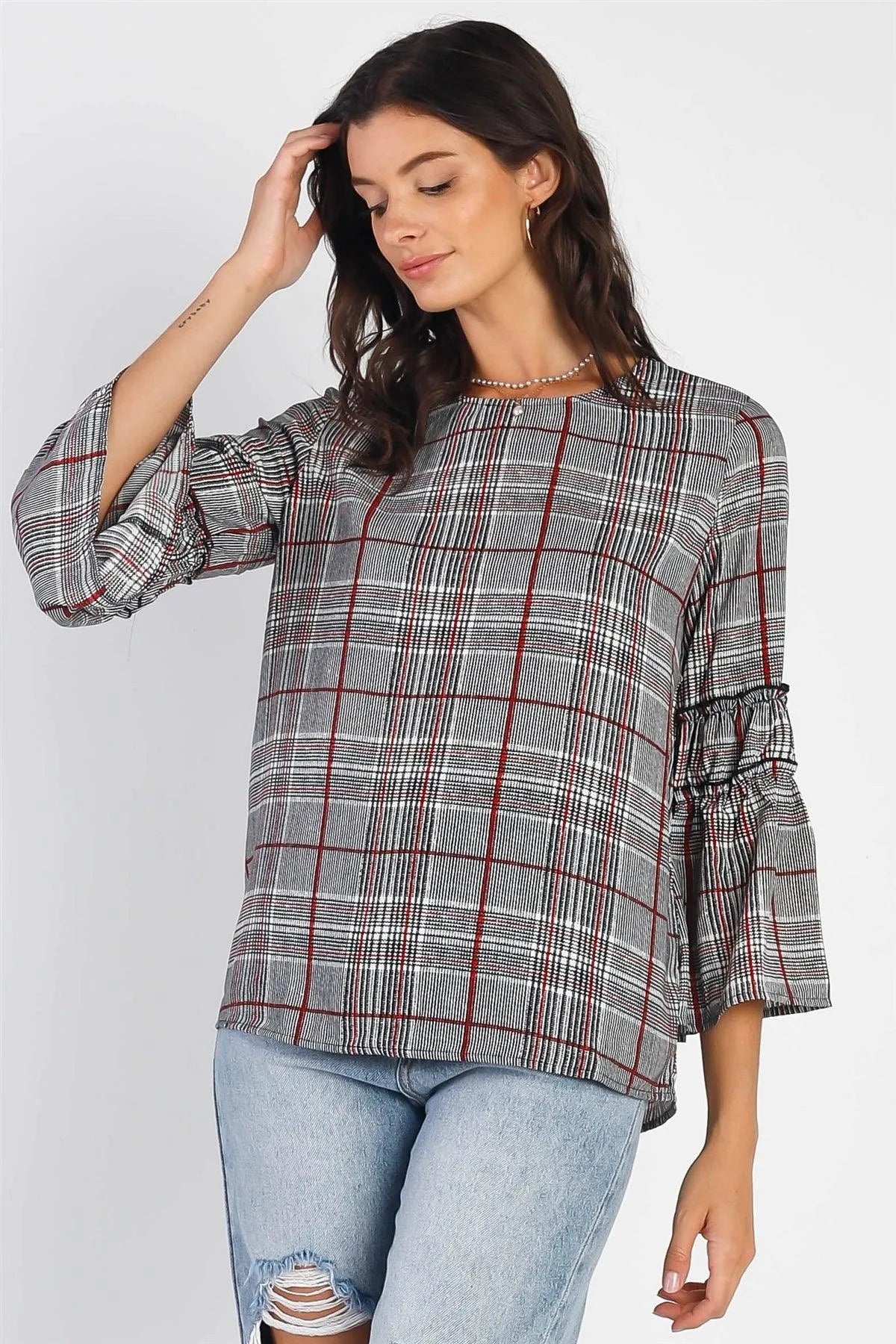 Black Plaid Flare Hem Midi Sleeve Top /1-1-1 - Tasha Apparel Wholesale