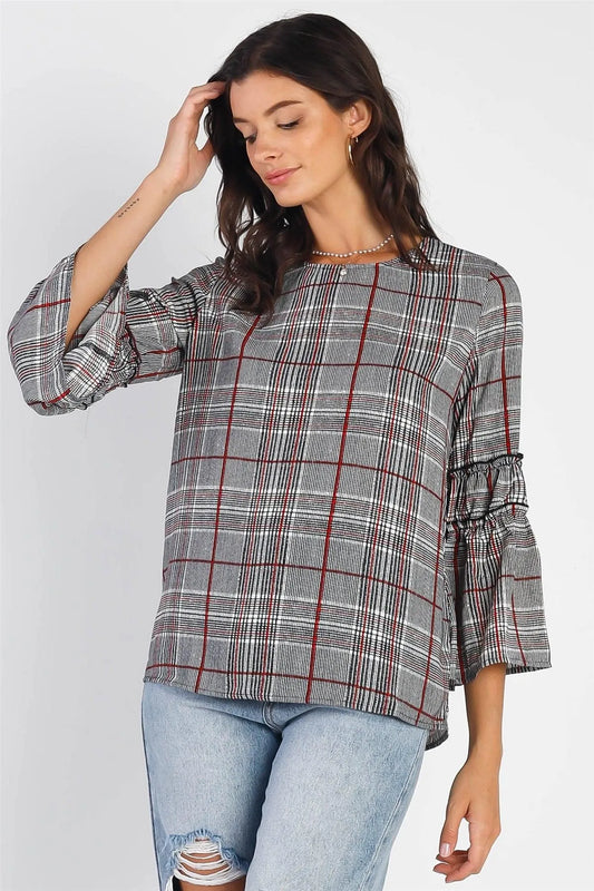 Black Plaid Flare Hem Midi Sleeve Top /1-1-1 - Tasha Apparel Wholesale