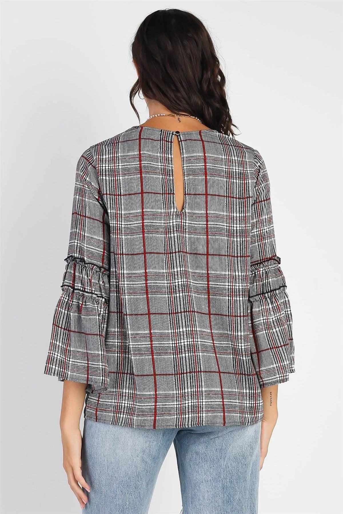 Black Plaid Flare Hem Midi Sleeve Top /1-1-1 - Tasha Apparel Wholesale