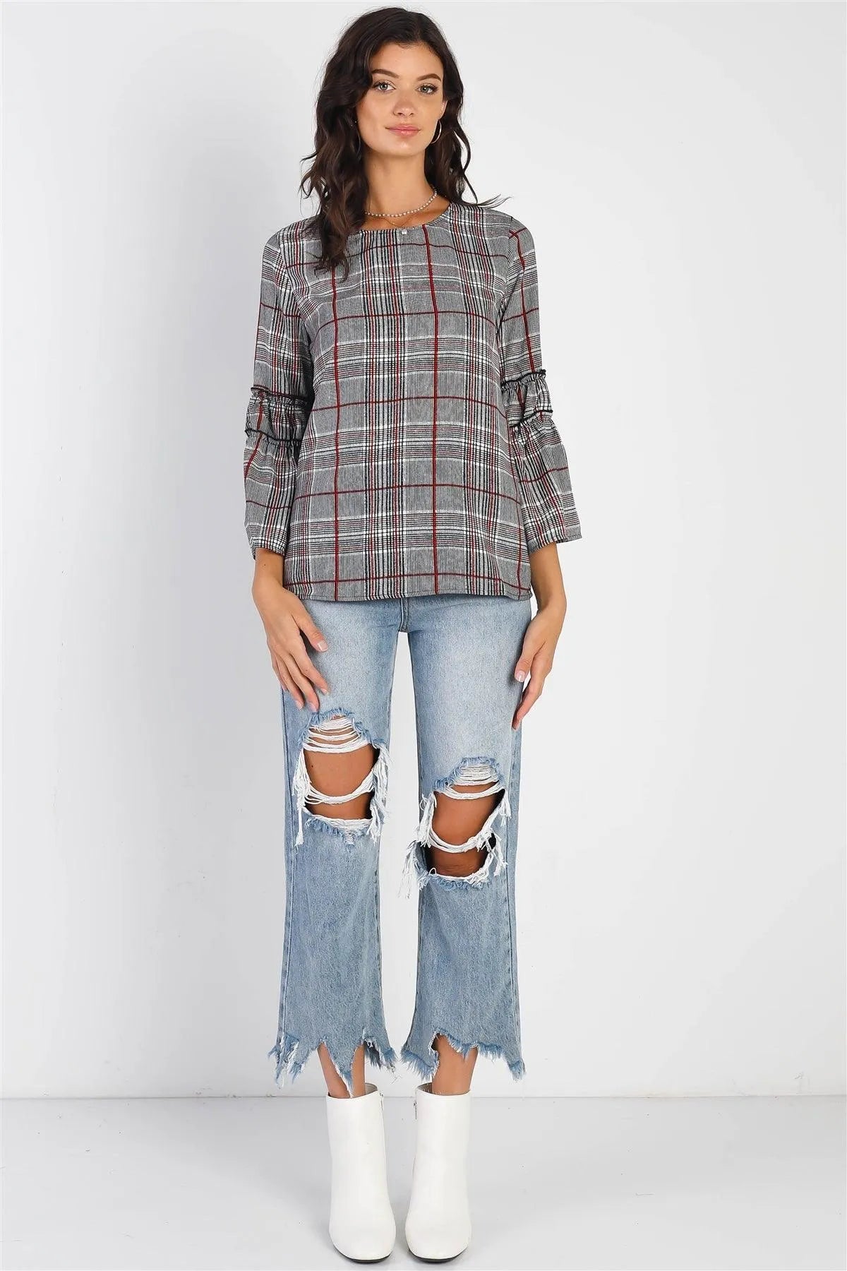 Black Plaid Flare Hem Midi Sleeve Top /1-1-1 - Tasha Apparel Wholesale