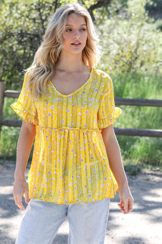 Yellow Satin Effect Stripe Lurex Thread Detail Floral Print Ruffle Trim Top /1-1-1 - Tasha Apparel Wholesale
