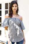 Black Plaid Off-The-Shoulder Flare Sleeve Back Self-Tie Detail Top /1-1-1 - Tasha Apparel Wholesale