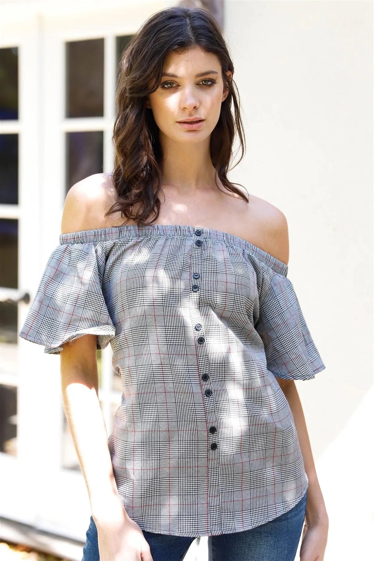 Black Plaid Off-The-Shoulder Flare Sleeve Back Self-Tie Detail Top /1-1-1 - Tasha Apparel Wholesale
