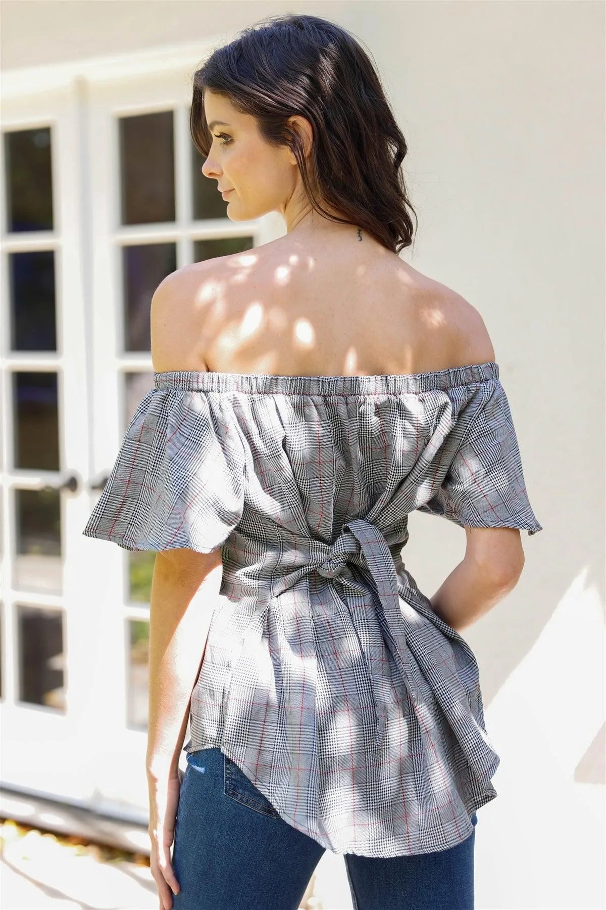 Black Plaid Off-The-Shoulder Flare Sleeve Back Self-Tie Detail Top /1-1-1 - Tasha Apparel Wholesale