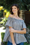 Black Plaid Off-The-Shoulder Flare Short Sleeve Top /1-1-1 - Tasha Apparel Wholesale