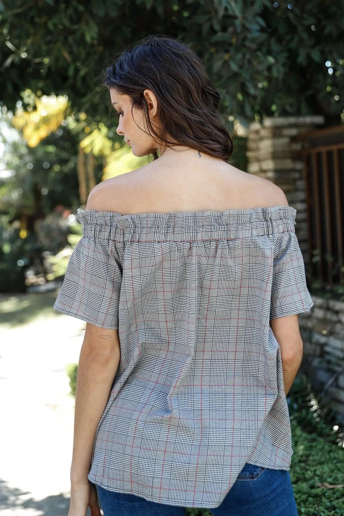 Black Plaid Off-The-Shoulder Flare Short Sleeve Top /1-1-1 - Tasha Apparel Wholesale