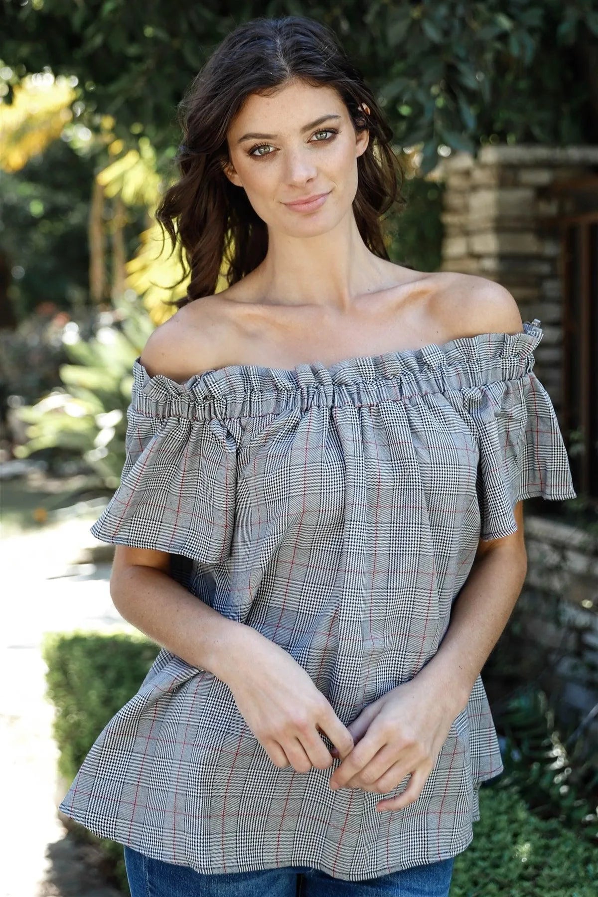 Black Plaid Off-The-Shoulder Flare Short Sleeve Top /1-1-1 - Tasha Apparel Wholesale