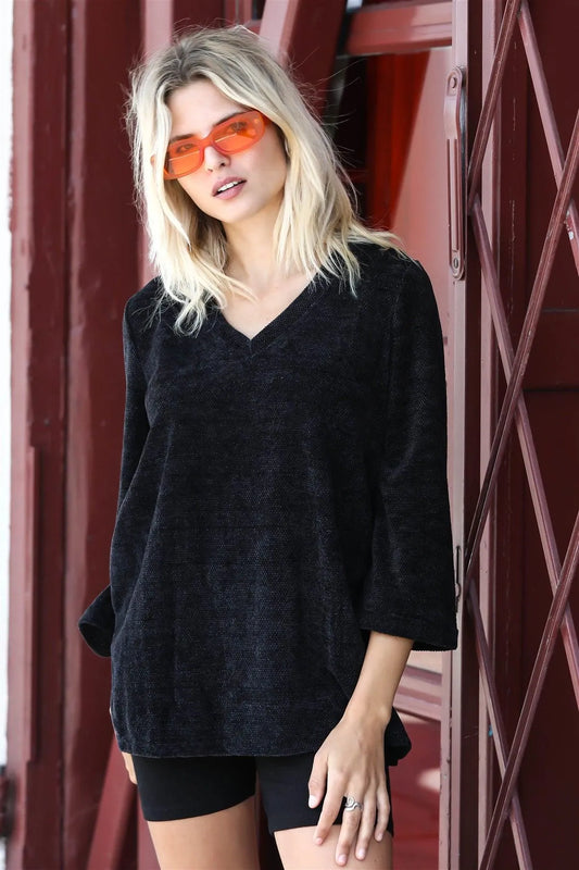 Black Velvet Textured Kimono Midi Sleeve Sweater /1-1-1 - Tasha Apparel Wholesale
