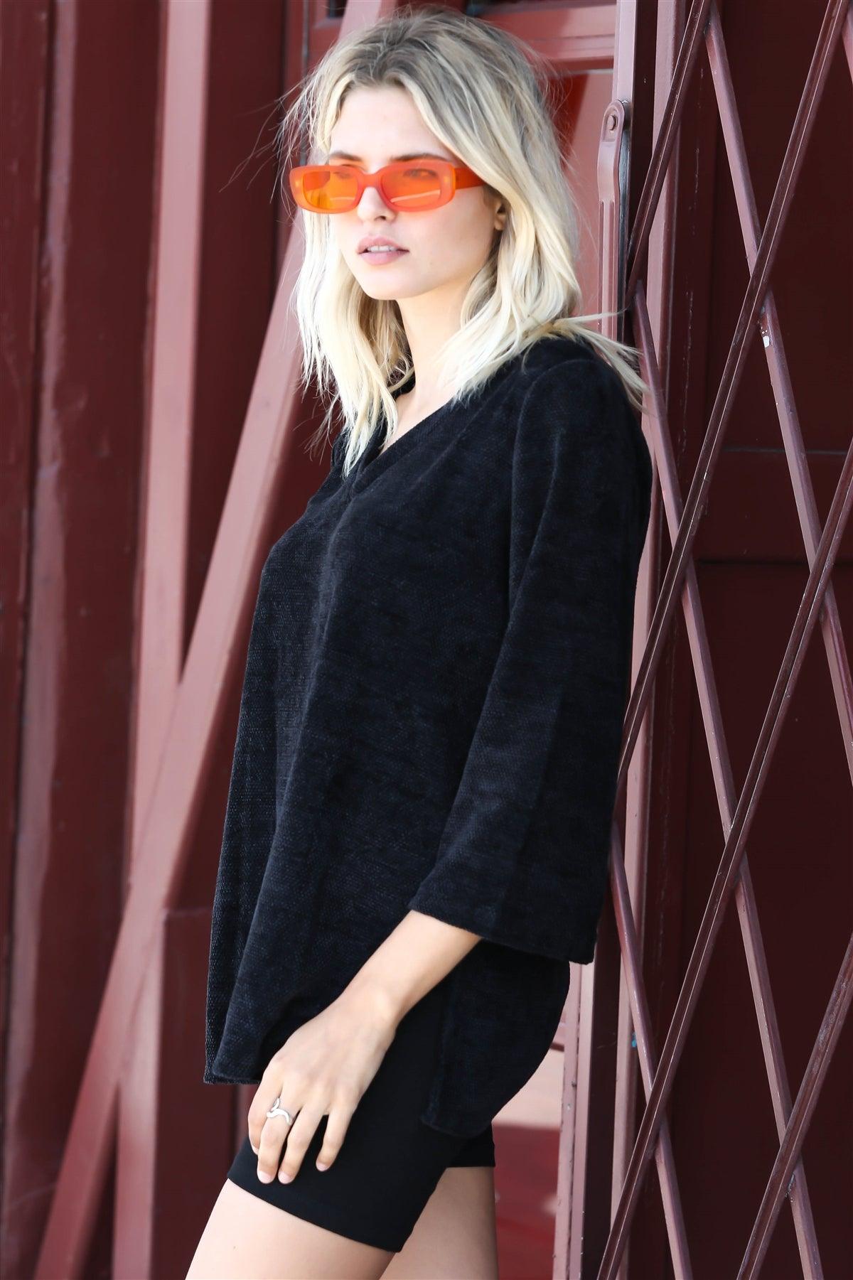 Black Velvet Textured Kimono Midi Sleeve Sweater /1-1-1
