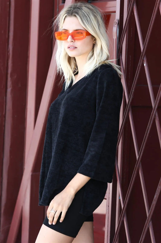 Black Velvet Textured Kimono Midi Sleeve Sweater /1-2 - Tasha Apparel Wholesale