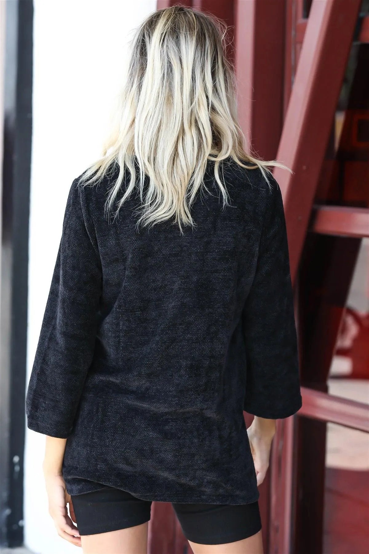 Black Velvet Textured Kimono Midi Sleeve Sweater /1-2 - Tasha Apparel Wholesale