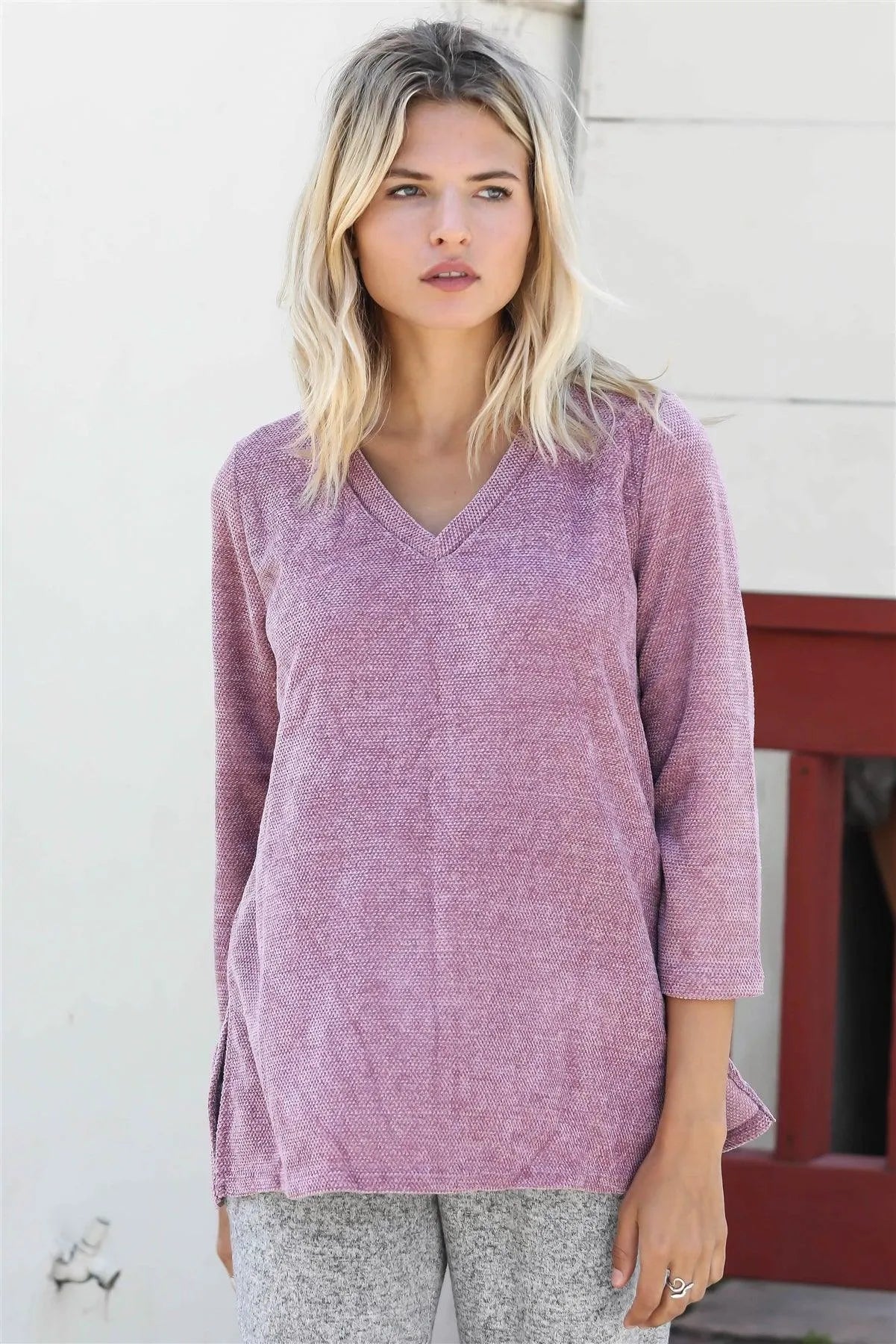 Mauve Velvet Textured Kimono Midi Sleeve Sweater /1-1-1 - Tasha Apparel Wholesale