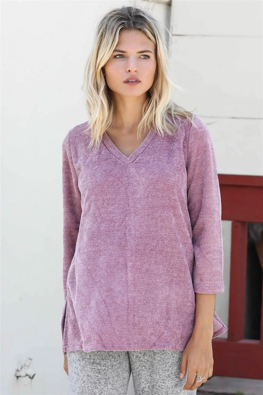 Mauve Velvet Textured Kimono Midi Sleeve Sweater /1-1-1 - Tasha Apparel Wholesale