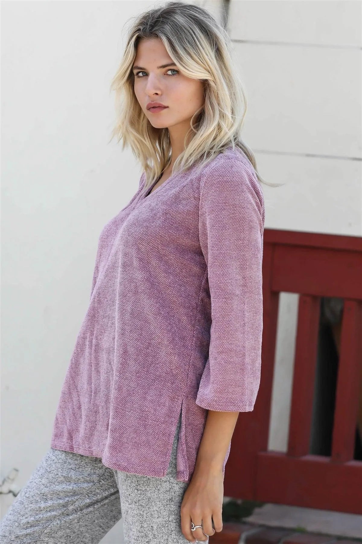 Mauve Velvet Textured Kimono Midi Sleeve Sweater /1-1-1 - Tasha Apparel Wholesale
