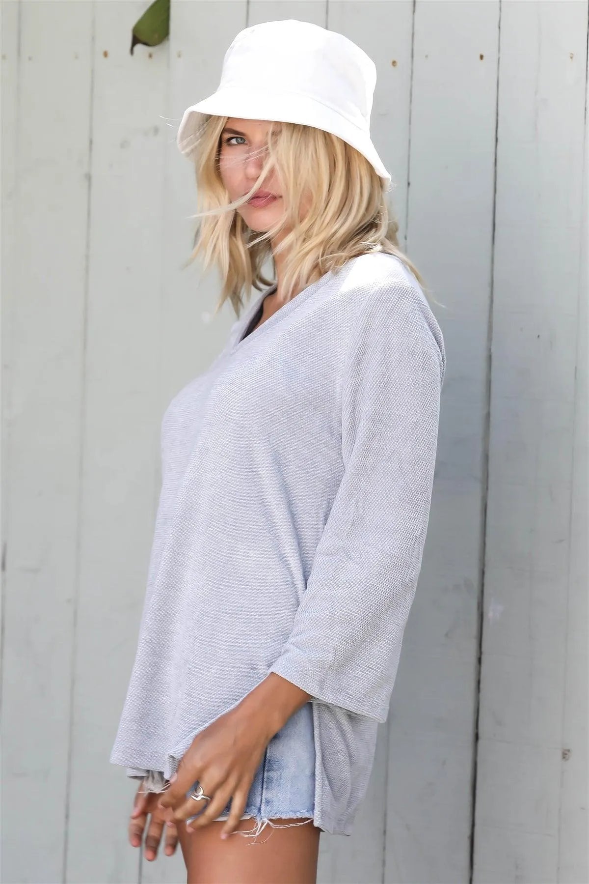 Silver Velvet Textured Kimono Midi Sleeve Top /1-1-1 - Tasha Apparel Wholesale