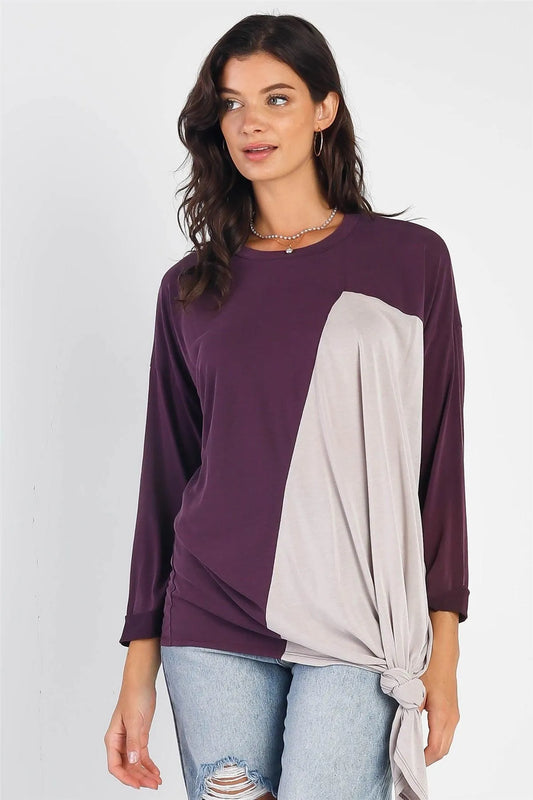Plump Color Block Long Sleeve Twist Tie Detail Top /1-1-1 - Tasha Apparel Wholesale