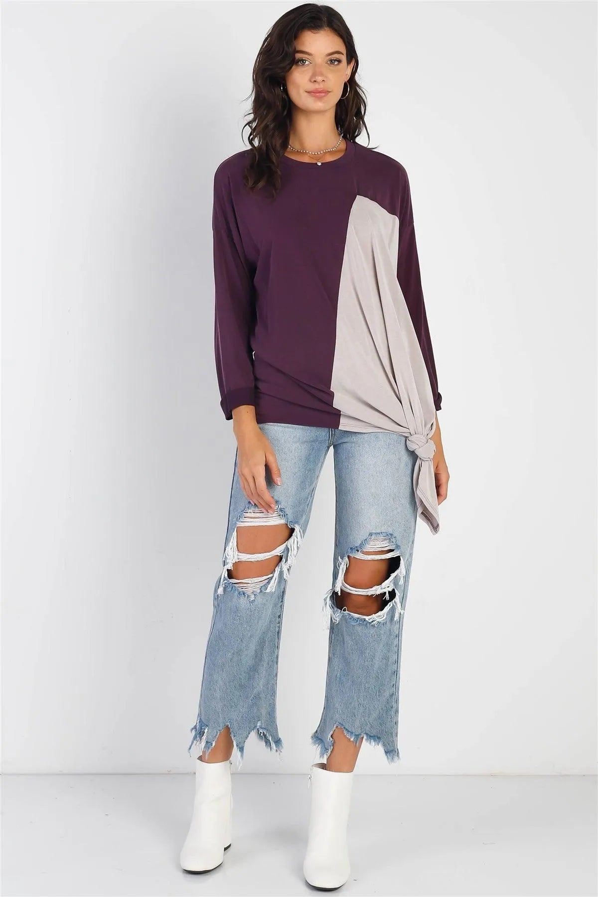 Plump Color Block Long Sleeve Twist Tie Detail Top /1-1-1 - Tasha Apparel Wholesale