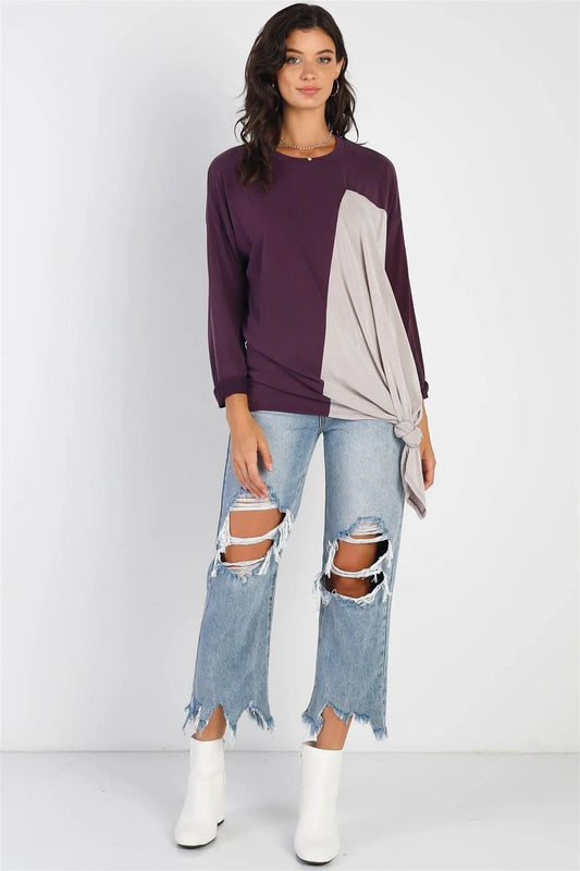Plump Color Block Long Sleeve Twist Tie Detail Top /2-2-1 - Tasha Apparel Wholesale