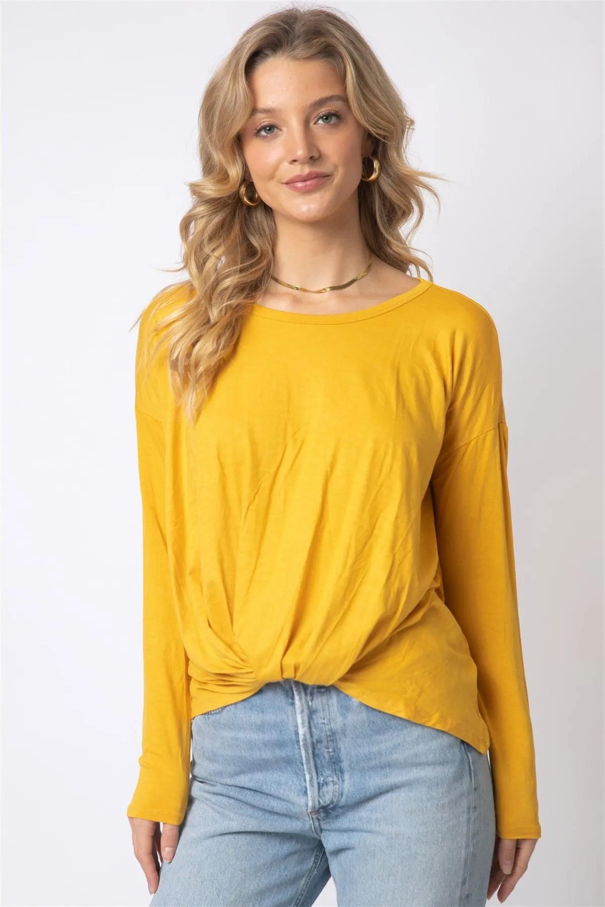 Mustard Front Twisted Detail Long Sleeve Top /1-2-2 - Tasha Apparel Wholesale