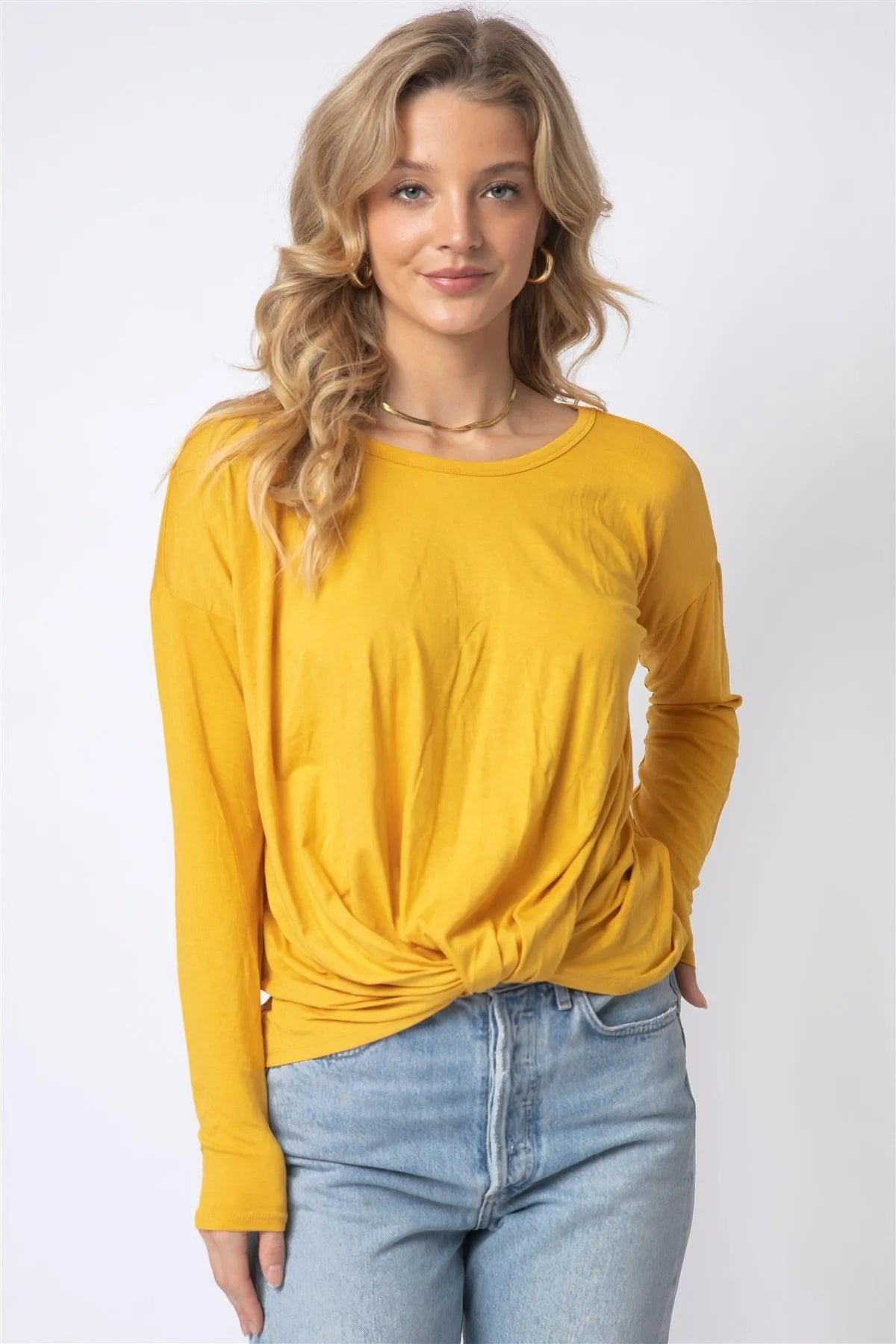 Mustard Front Twisted Detail Long Sleeve Top /1-2-2 - Tasha Apparel Wholesale
