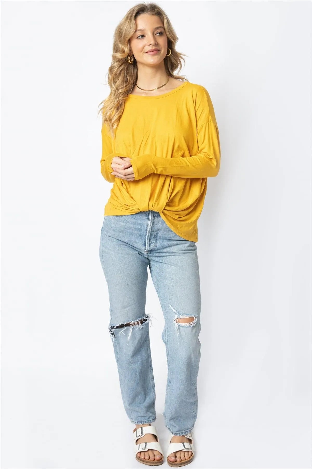 Mustard Front Twisted Detail Long Sleeve Top /1-2-2 - Tasha Apparel Wholesale