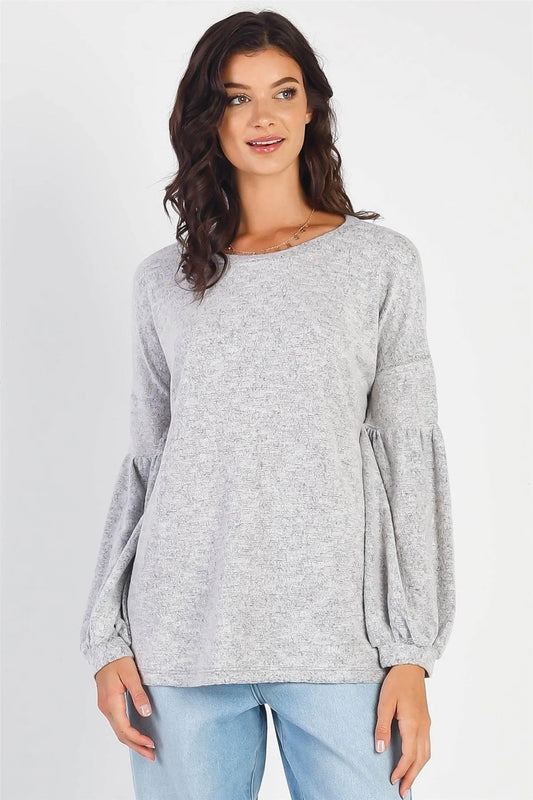 Heather Grey Round Neck Juliette Long Sleeve Top - Tasha Apparel Wholesale