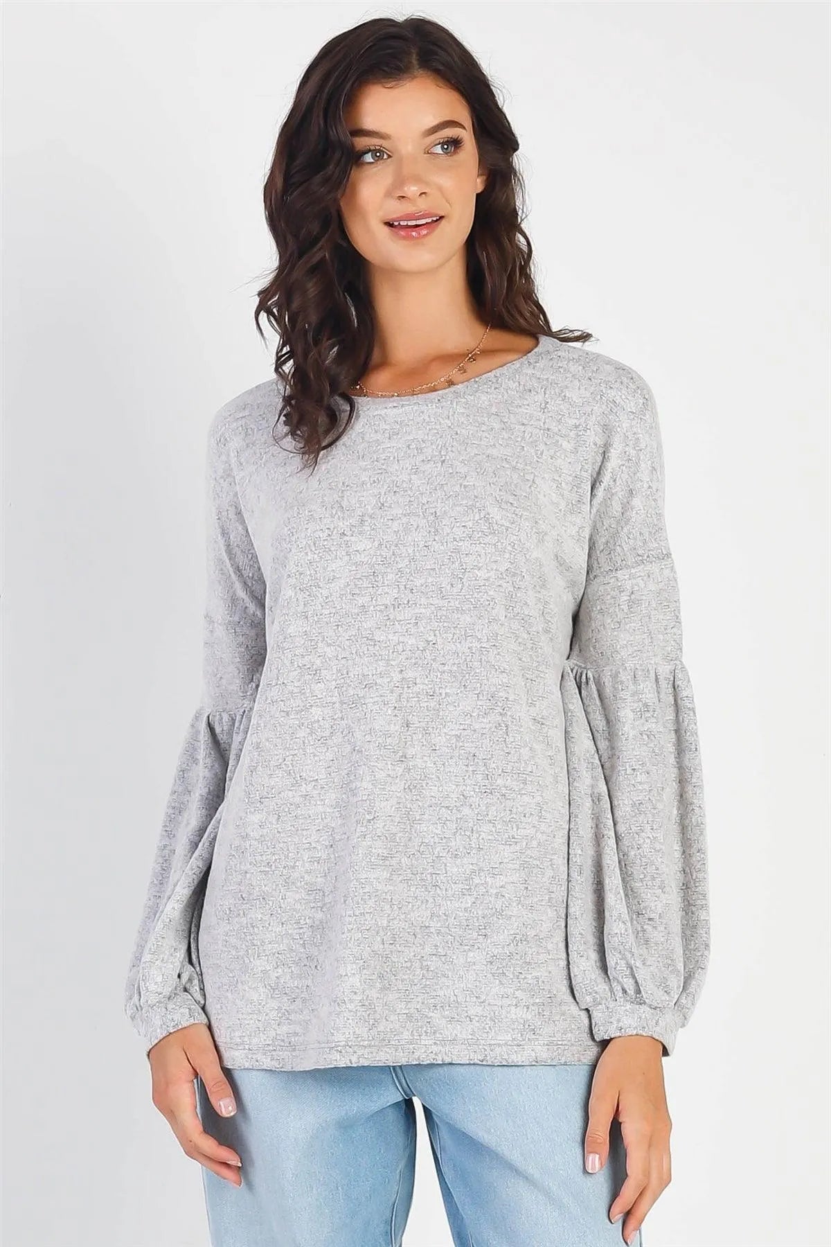 Heather Grey Round Neck Juliette Long Sleeve Top /2-1 - Tasha Apparel Wholesale